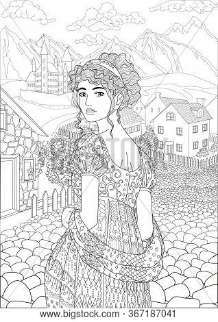 Coloring Book For Adults With Beautiful Princess Dressed In Historical Outfit In The Empire Style St
