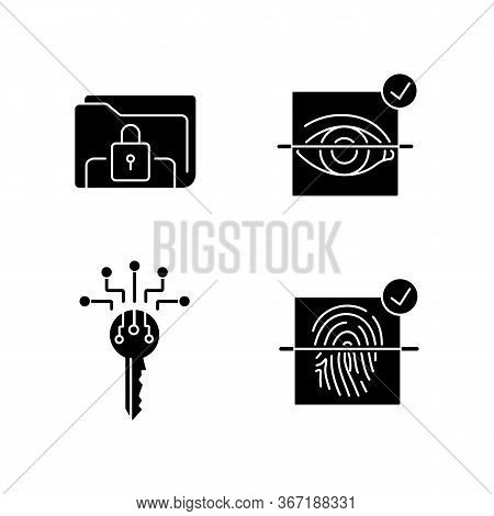 Personal Information Protection Black Glyph Icons Set On White Space. Internet Security System. Eye 
