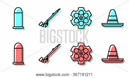 Set Line Revolver Cylinder, Bullet, Native American Indian Smoking Pipe And Mexican Sombrero Hat Ico