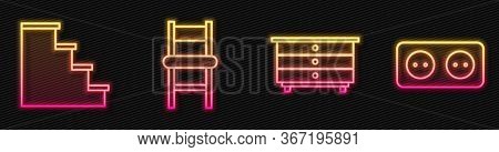 Set Line Chest Of Drawers, Staircase, Chair And Electrical Outlet. Glowing Neon Icon