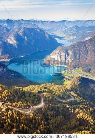 Scenic view of Austrian Alps and Hallstattersee lake from the Krippenstein of the Dachstein Mountains range in Obertraun, Austria.