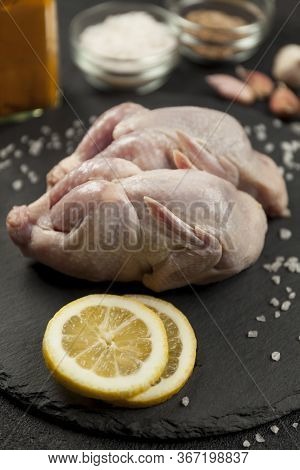 Raw Partridge Meat On Kitchen, Cooking Gourmet Wild Bird. Healthy Diet Recipe.