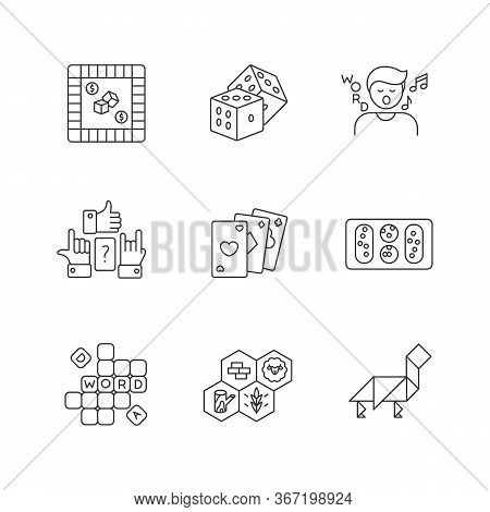 Entertaining Games Pixel Perfect Linear Icons Set. Traditional Fun Activities, Different Board Games