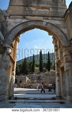 Ephesus, Turkey - August 16, 2017: Celsus Library In Ephesus Ancient City, Selcuk, Turkey. Gate Of M