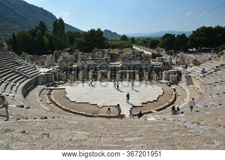 Ephesus, Turkey - August 16, 2017: Amphitheater Coliseum In Ancient City Of Ephesus, Turkey.