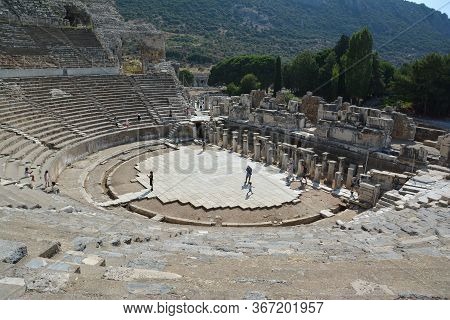 Ephesus, Turkey - August 16, 2017: Amphitheater Coliseum In Ancient City Of Ephesus, Turkey.