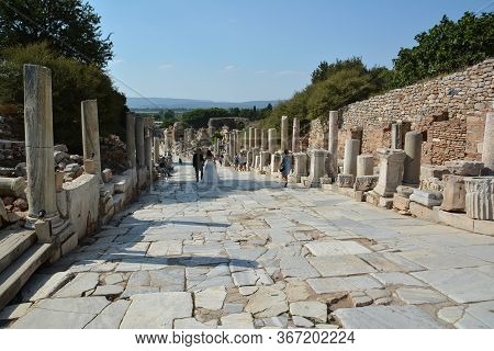 Ephesus, Turkey - August 16, 2017: Curetes Street In Ephesus Ancient City, Selcuk, Turkey.
