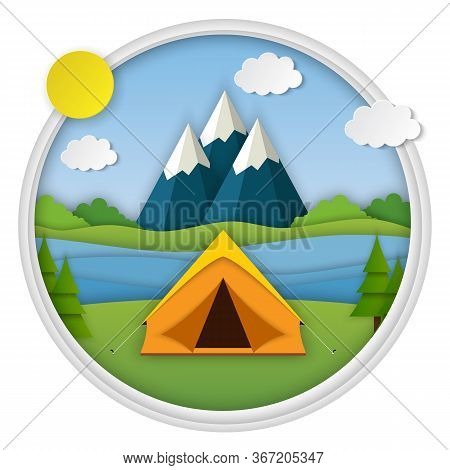 Paper Cut Summer Landsape. Landscape With Yellow Tent, Forest And Mountains On The Background. Adven