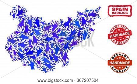 Vector Handmade Composition Of Badajoz Province Map And Rubber Watermarks. Mosaic Badajoz Province M
