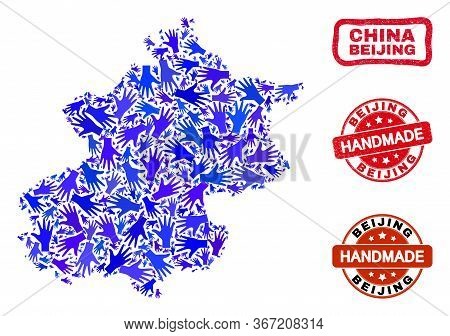 Vector Handmade Combination Of Beijing City Map And Rubber Stamp Seals. Mosaic Beijing City Map Is M