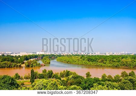 Sava River Flows Into The Danube River Aerial Panoramic View From The Belgrade Kalemegdan Fortress I