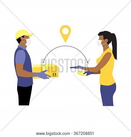 Vector Illustration Of Black Courier In Protective Gloves And Mask With Package And Black Woman Reac