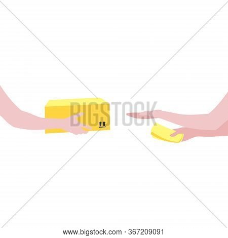 Vector Illustration Of Courier's Hands With Package And Human Reaching Out Hand To Get Box And  Mone