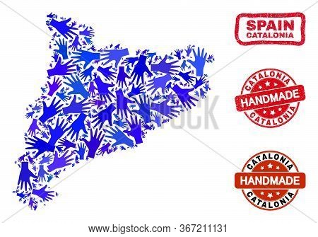 Vector Handmade Collage Of Catalonia Map And Unclean Seals. Mosaic Catalonia Map Is Organized Of Ran