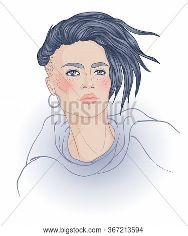 Portrait Of A Young Pretty Caucasian Woman With Short Pixie Cut. Vector Illustration Isolated. Hand 