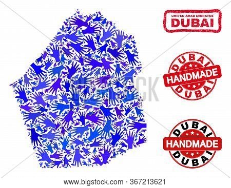 Vector Handmade Composition Of Dubai Emirate Map And Dirty Watermarks. Mosaic Dubai Emirate Map Is C