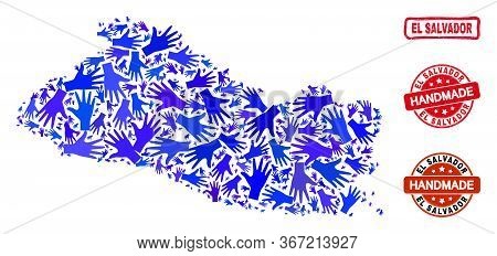 Vector Handmade Collage Of El Salvador Map And Rubber Watermarks. Mosaic El Salvador Map Is Made Wit