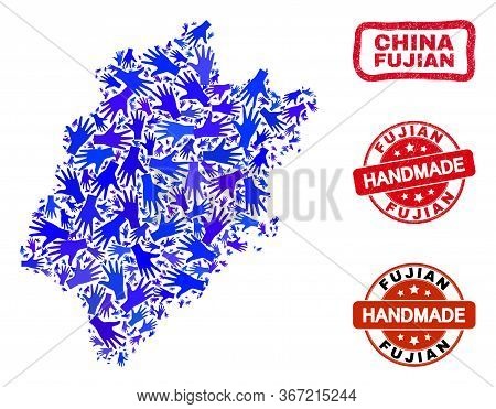 Vector Handmade Composition Of Fujian Province Map And Corroded Watermarks. Mosaic Fujian Province M