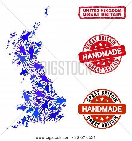 Vector Handmade Combination Of Great Britain Map And Grunge Stamp Seals. Mosaic Great Britain Map Is