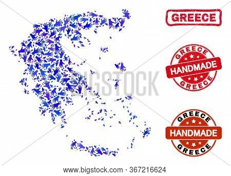 Vector Handmade Combination Of Greece Map And Grunge Stamp Seals. Mosaic Greece Map Is Made With Ran