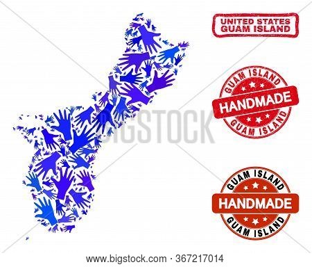 Vector Handmade Collage Of Guam Island Map And Rubber Stamp Seals. Mosaic Guam Island Map Is Made Of