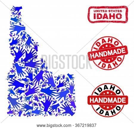 Vector Handmade Collage Of Idaho State Map And Corroded Stamp Seals. Mosaic Idaho State Map Is Made 