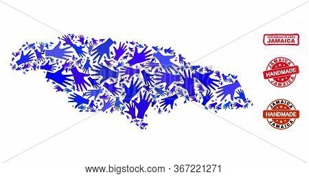 Vector Handmade Composition Of Jamaica Map And Corroded Stamp Seals. Mosaic Jamaica Map Is Made Of R