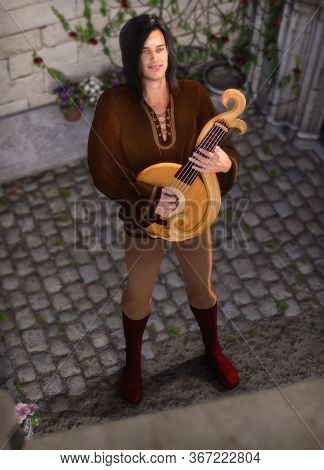 Attractive Long Haired Streetlife Serenader Singer Troubadour Playing A Serenader Guitar For His Bel