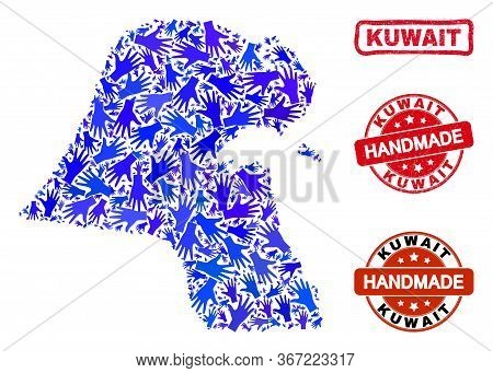 Vector Handmade Collage Of Kuwait Map And Unclean Stamp Seals. Mosaic Kuwait Map Is Organized Of Ran