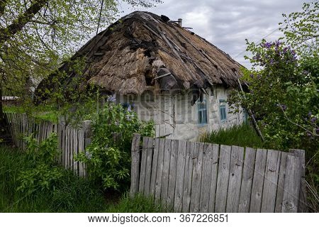 Old Vintage Rural House In Ukrainian Countryside Style. House With A Cattail Roof. The Roof Of The R