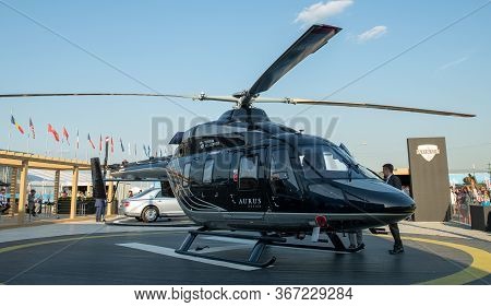 August 30, 2019 Zhukovsky, Russia. The Ansat Helicopter In The Aurus Design At The Maks-2019 Interna