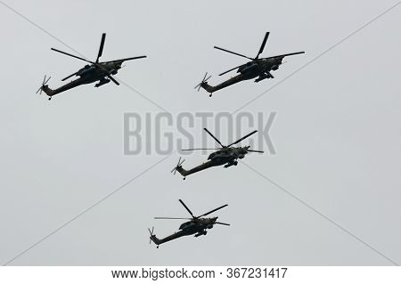 Moscow, Russia - May 9, 2020:mi-28n Night Hunter Attack Helicopter Group Over Red Square During The 