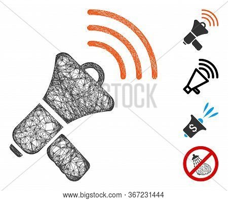 Mesh Megaphone Ads Web Icon Vector Illustration. Carcass Model Is Based On Megaphone Ads Flat Icon. 