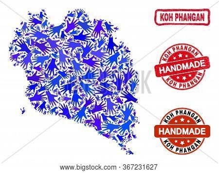 Vector Handmade Collage Of Koh Phangan Map And Scratched Stamp Seals. Mosaic Koh Phangan Map Is Form