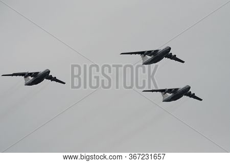 Moscow, Russia - May 9, 2020:il-76md Military Transport Aircraft During The Air Parade In Moscow Ded