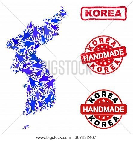 Vector Handmade Composition Of Korea Map And Dirty Stamp Seals. Mosaic Korea Map Is Formed With Scat