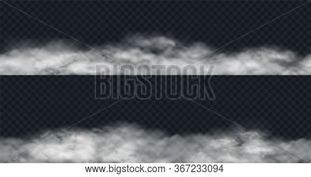 Fog Or Smoke Seamless Borders, Isolated On Transparent Background. Realistic White Band Of Clouds. V