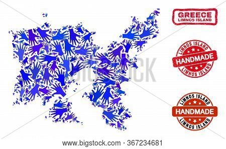 Vector Handmade Collage Of Limnos Island Map And Rubber Stamp Seals. Mosaic Limnos Island Map Is Don