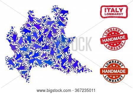 Vector Handmade Composition Of Lombardy Region Map And Rubber Stamp Seals. Mosaic Lombardy Region Ma
