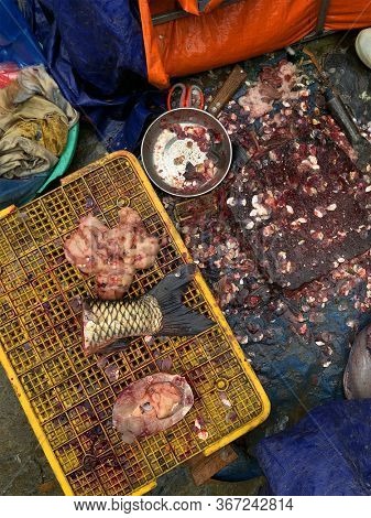 Top view on a fish fin on the fishermen working table