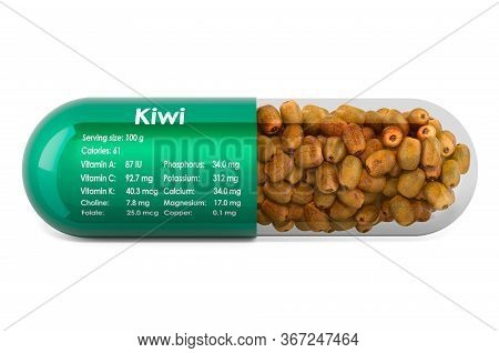 Kiwi, Vitamins And Minerals Composition In Kiwifruits. 3d Rendering Isolated On White Background