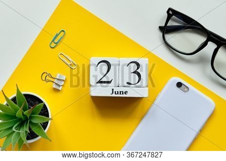 23 Twenty Third Day June Month Calendar Concept On Wooden Blocks. Close Up.
