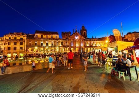 Braga, Portugal - July 12, 2014: Republic Square Or Praca Da Republica In Braga, Portugal At Night