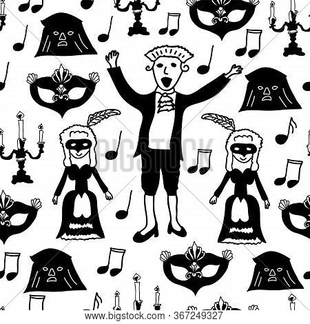 Vector Wolfgang Amadeus Mozart Repeating Seamless Pattern Background With Mozart, His Wife, Carnival