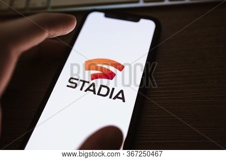 Stadia Logo On The Smartphone Screen. Copy Space.