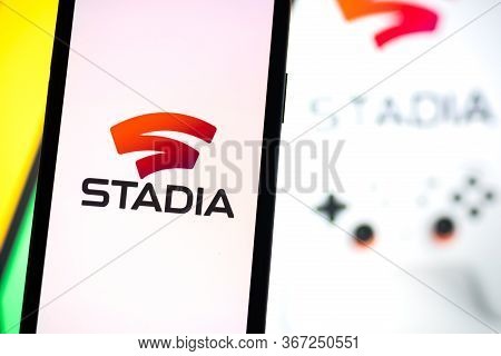 Stadia Logo On The Smartphone Screen. Copy Space.
