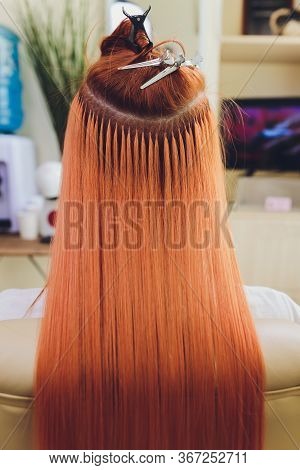 Hair Salon, Beauty Spa. Procedure Of Hair Extensions.