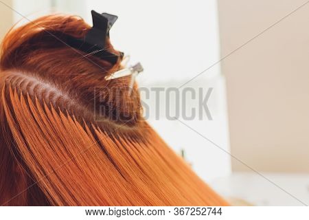 Hair Salon, Beauty Spa. Procedure Of Hair Extensions.
