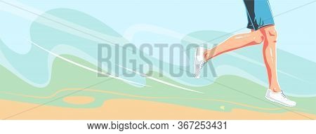 Runner On Green Background. Natural Running. Healthy Activity Lifestyle Vector Cover. Legs Flat Illu