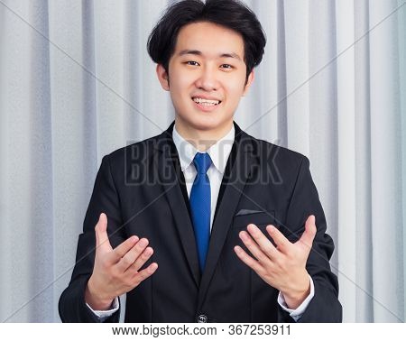 Work From Home, Close Up Face Of Asian Young Businessman Wear Suit Video Conference Call Or Facetime